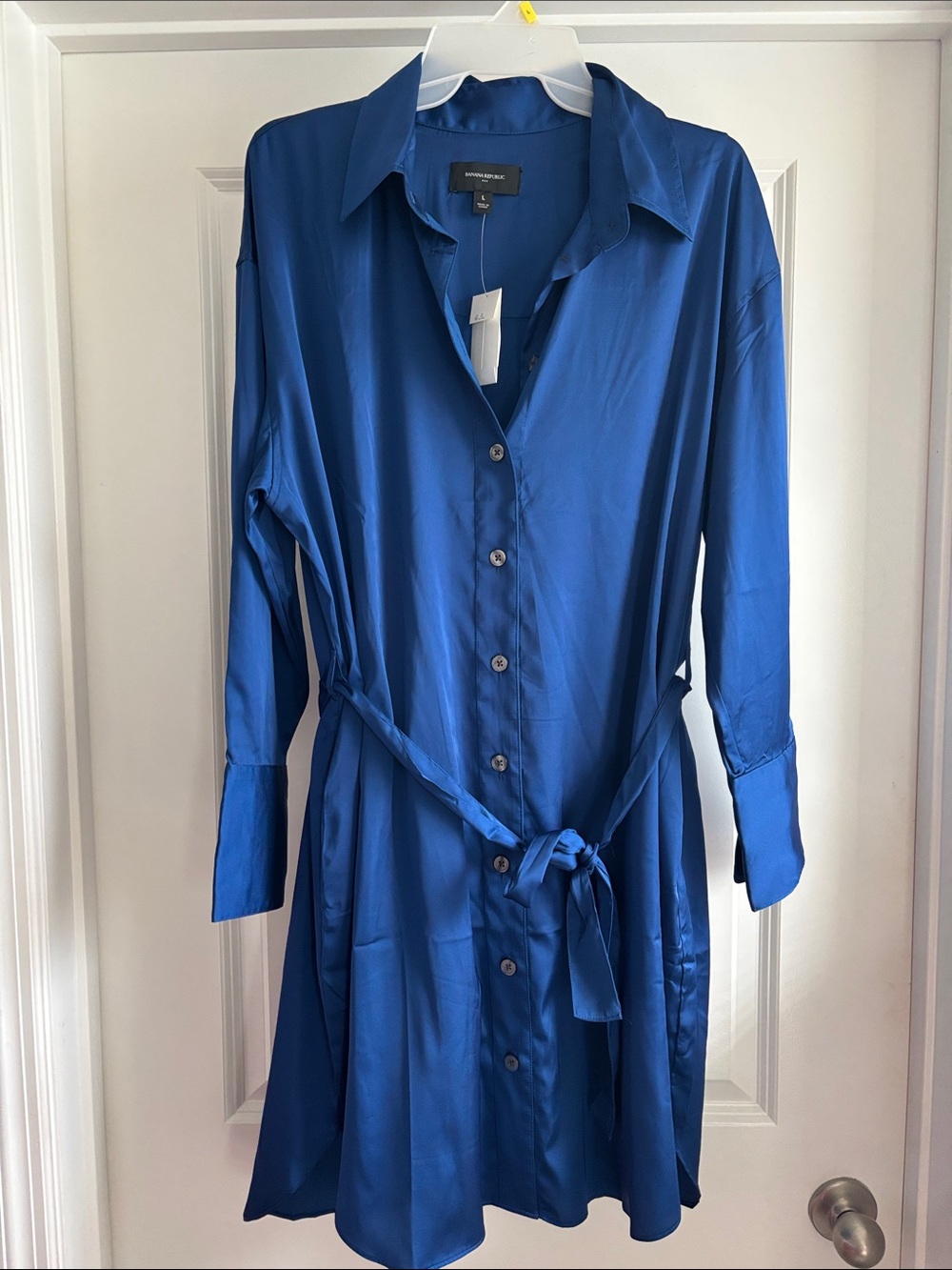 Banana Republic Satin Button-Front Shirt Dress in Royal Blue